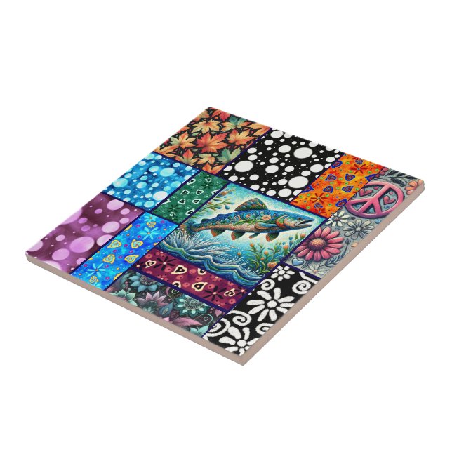 Salmon Crazy Quilt Floral Whimsical Colourful Ceramic Tile (Side)