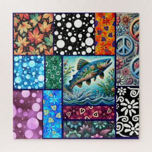 Salmon Crazy Quilt Floral Whimsical Colourful Jigsaw Puzzle