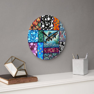 Salmon Crazy Quilt Floral Whimsical Colourful Large Clock