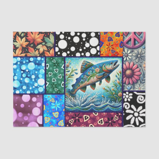 Salmon Crazy Quilt Floral Whimsical Decoupage Tissue Paper (Front)
