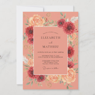 Salmon Crimson Wildflower Wedding Invitation