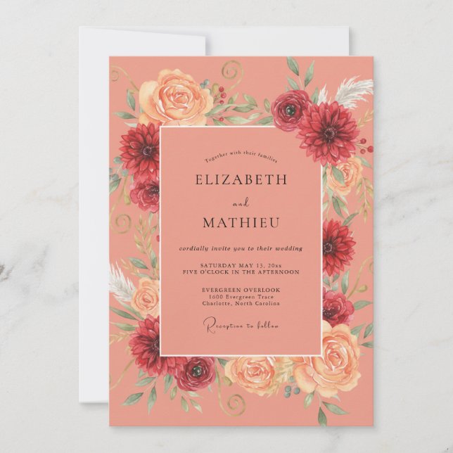 Salmon Crimson Wildflower Wedding Invitation (Front)