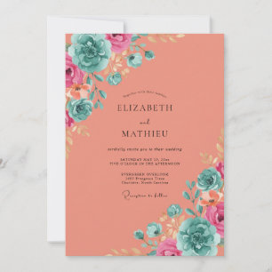 Salmon Cyan Peony Wedding Invitation