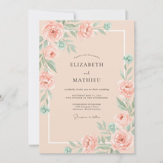 Salmon Ethereal Botanical Wedding Invitation (Front)
