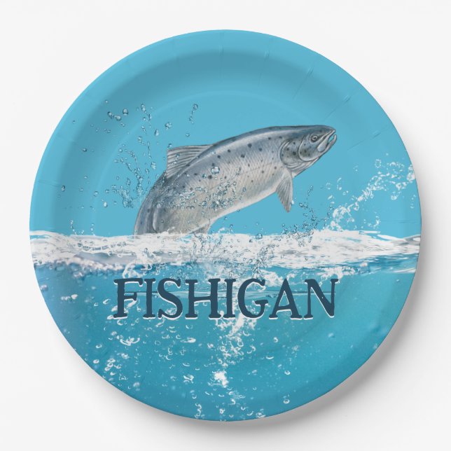 Salmon Fish In Water With Michigan Text Paper Plate (Front)