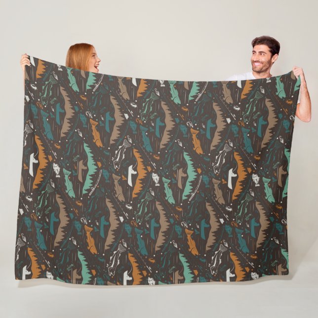 Salmon Fishing Man in Boat Lake Forest Pattern Fleece Blanket (In Situ)