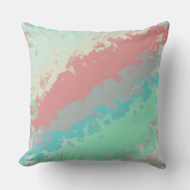 Salmon, green and blue abstract cushion (Front)