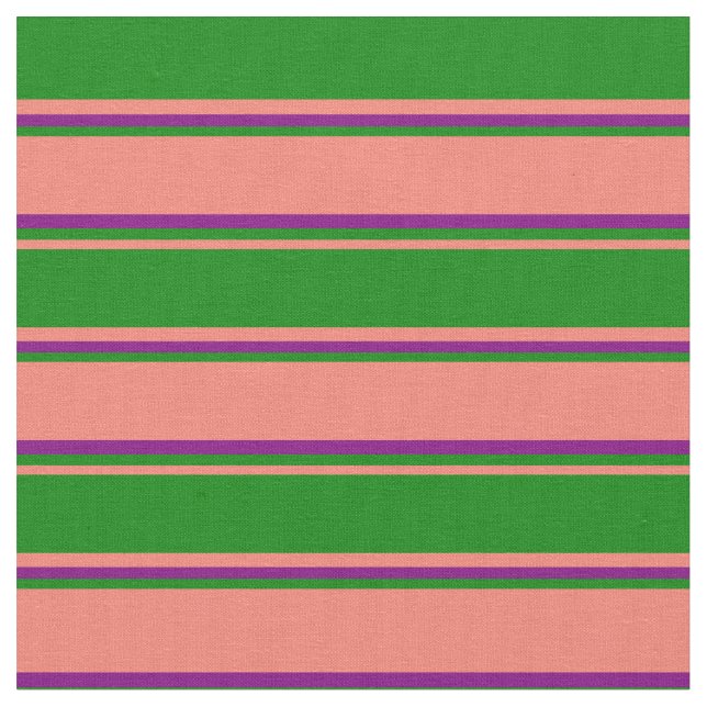 Salmon, Green & Purple Coloured Striped Pattern Fabric (Close Up)