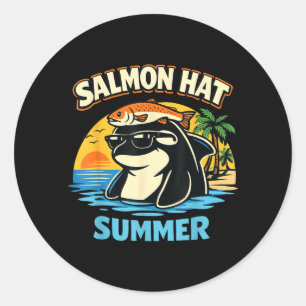 Salmon Hat Summer Orca Whale Retro Beach Classic Round Sticker