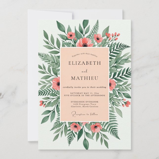 Salmon Illustrative Woodland Wedding Invitation (Front)