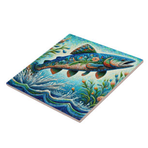 Salmon Jumping Mosaic Floral Blue Green Peach Ceramic Tile