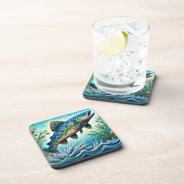 Salmon Jumping Mosaic Floral Blue Green Peach Coaster (Right Side)