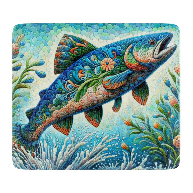 Salmon Jumping Mosaic Floral Blue Green Peach Cutting Board (Front)