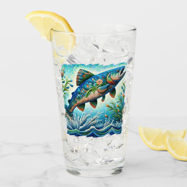 Salmon Jumping Mosaic Floral Blue Green Peach Glass (Front Ice)