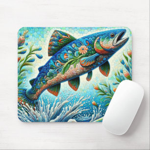 Salmon Jumping Mosaic Floral Blue Green Peach Mouse Pad