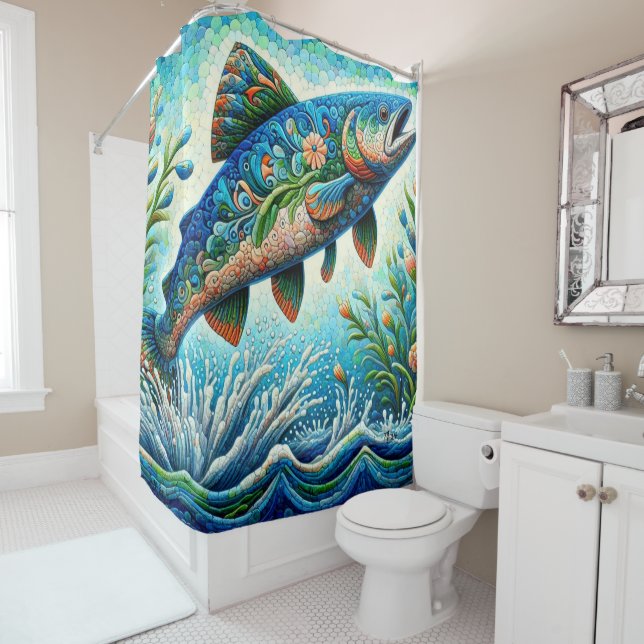 Salmon Jumping Mosaic Floral Blue Green Peach Shower Curtain (In Situ)