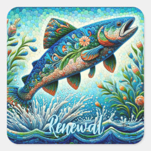 Salmon Jumping Mosaic Floral Blue Green Peach Square Sticker