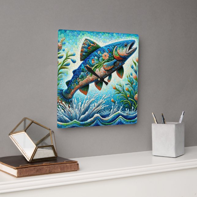 Salmon Jumping Mosaic Floral Blue Green Peach Square Wall Clock (Office)