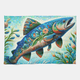 Salmon Jumping Mosaic Floral Blue Green Peach Tea Towel