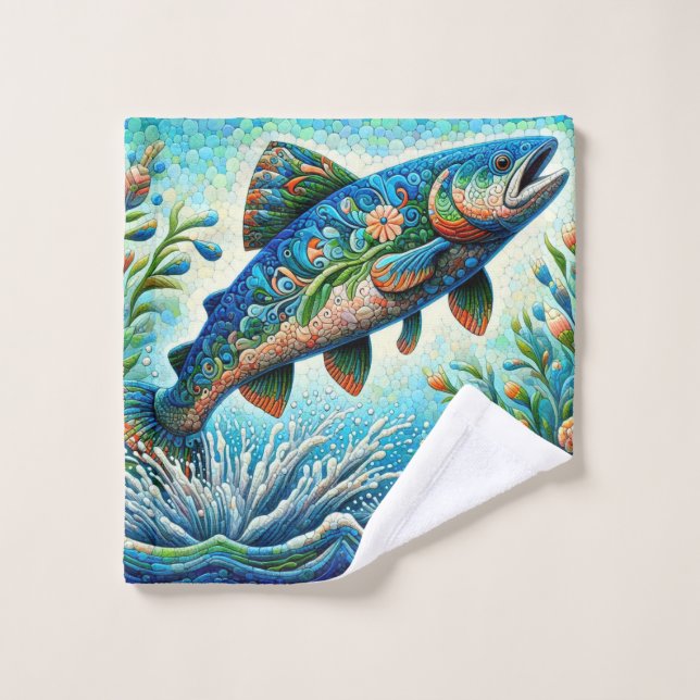 Salmon Jumping Mosaic Floral Blue Green Peach Wash Cloth (Wash Cloth)