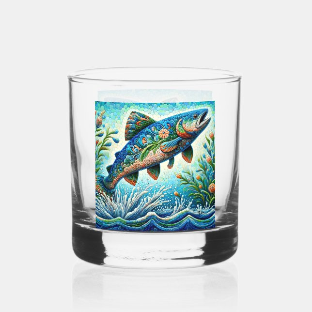 Salmon Jumping Mosaic Floral Blue Green Peach Whiskey Glass (Front)