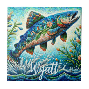 Salmon Jumping Mosaic Floral Blue Personalised Ceramic Tile