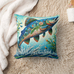 Salmon Jumping Mosaic Floral Blue Personalised Cushion
