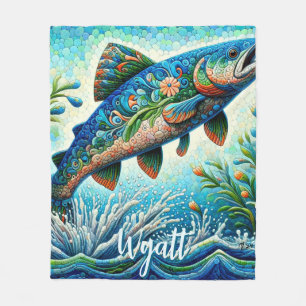 Salmon Jumping Mosaic Floral Blue Personalised Fleece Blanket