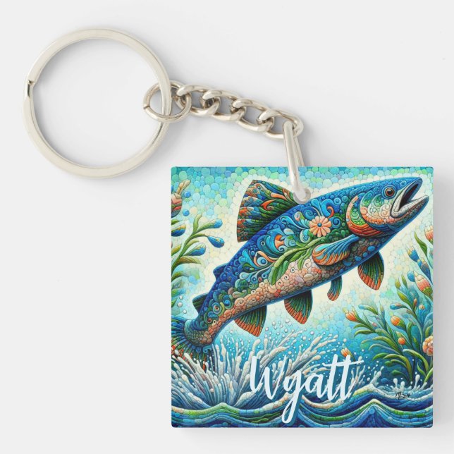 Salmon Jumping Mosaic Floral Blue Personalised Key Ring (Front)