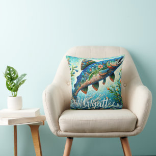 Salmon Jumping Mosaic Floral Blue Personalized Cushion