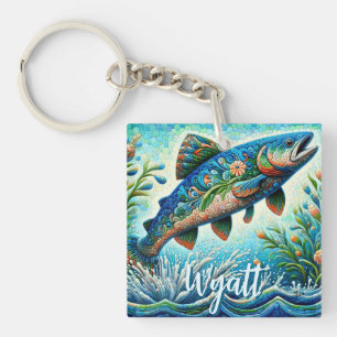 Salmon Jumping Mosaic Floral Blue Personalized Key Ring