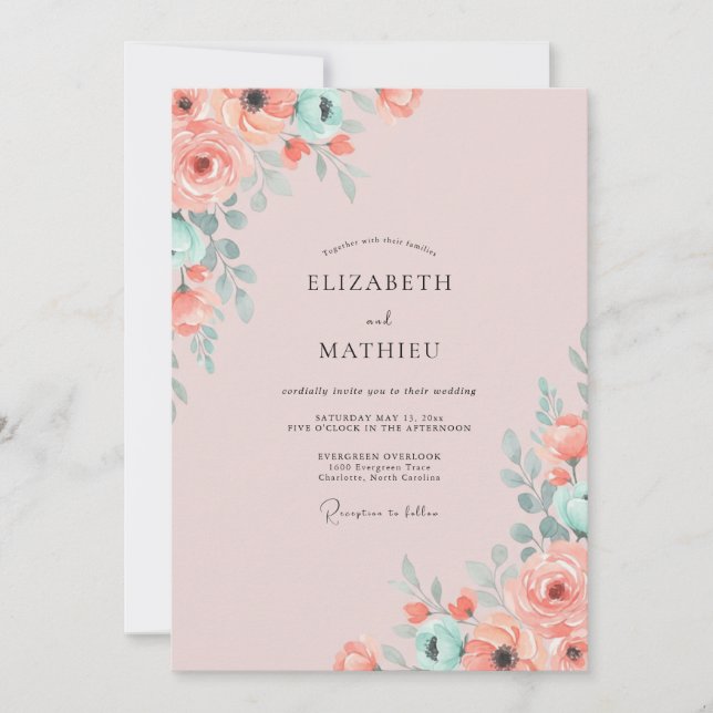 Salmon Mint Foliage Eucalyptus Wedding Invitation (Front)