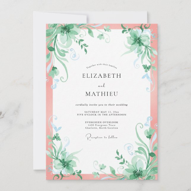 Salmon Mint Leafy Wedding Invitation (Front)