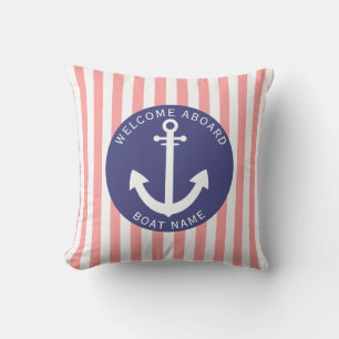 Salmon Navy Blue Stripe Boat Name Anchor Coastal Cushion