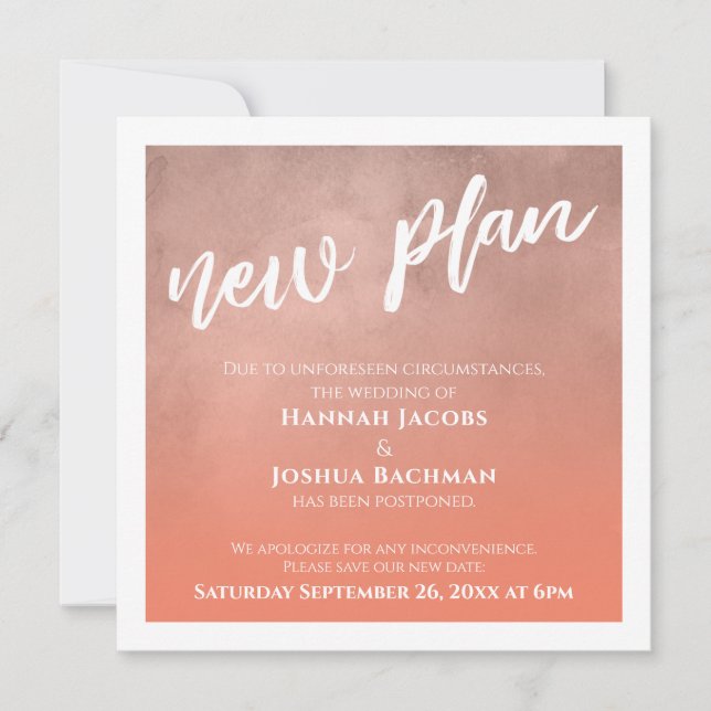 Salmon Ombre Postponed Wedding New Plan Card (Front)
