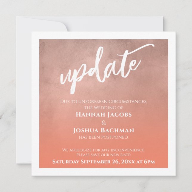 Salmon Ombre Postponed Wedding Update Card (Front)