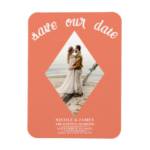 Salmon Orange Diamond Photo Wedding Save the Date Magnet