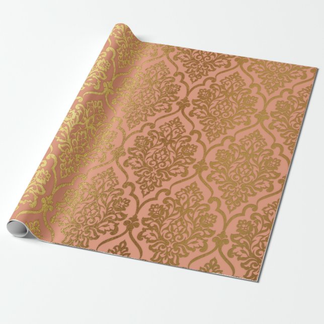 Salmon Pastel Damask Royal Golden Foil Wrapping Paper (Unrolled)