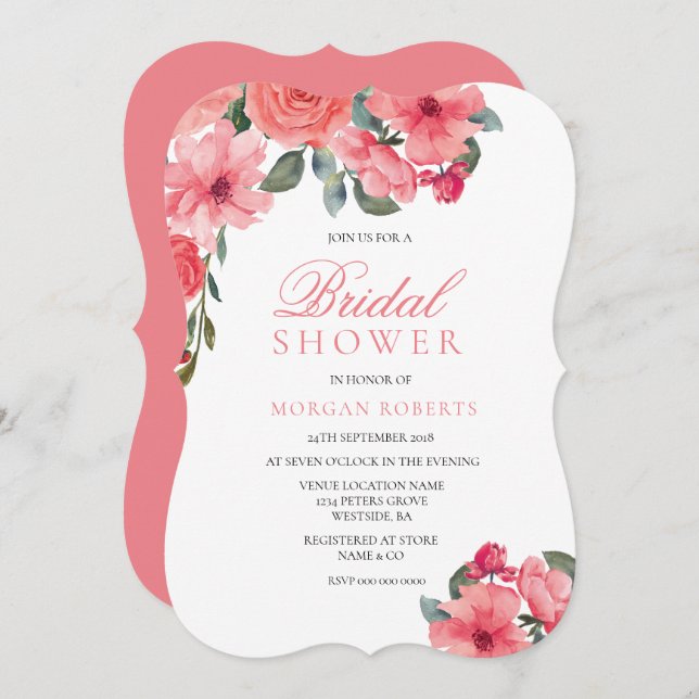 Salmon Peach Pink Floral Bridal shower Invite (Front/Back)