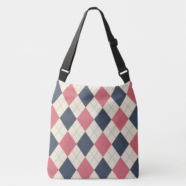 Salmon Pink and Navy Argyle Pattern Crossbody Bag (Front)