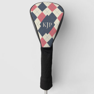 Salmon Pink and Navy Argyle Pattern Golf Head Cover