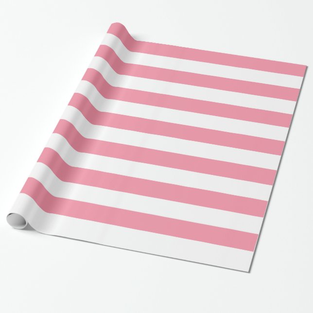 Salmon Pink and White Large Striped Wrapping Paper (Unrolled)