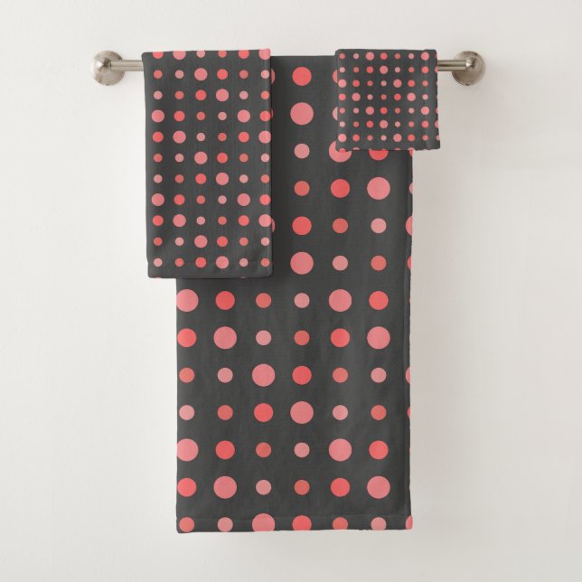 Salmon, pink dots on Grey Bath Towel Set (Insitu)
