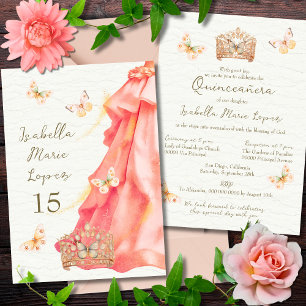 Salmon Pink Dress Butterflies Elegant Quinceañera Invitation