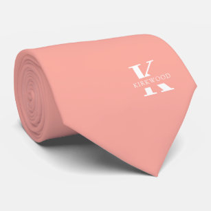 Salmon Pink Elegant Monogram + Name One-Sided Tie
