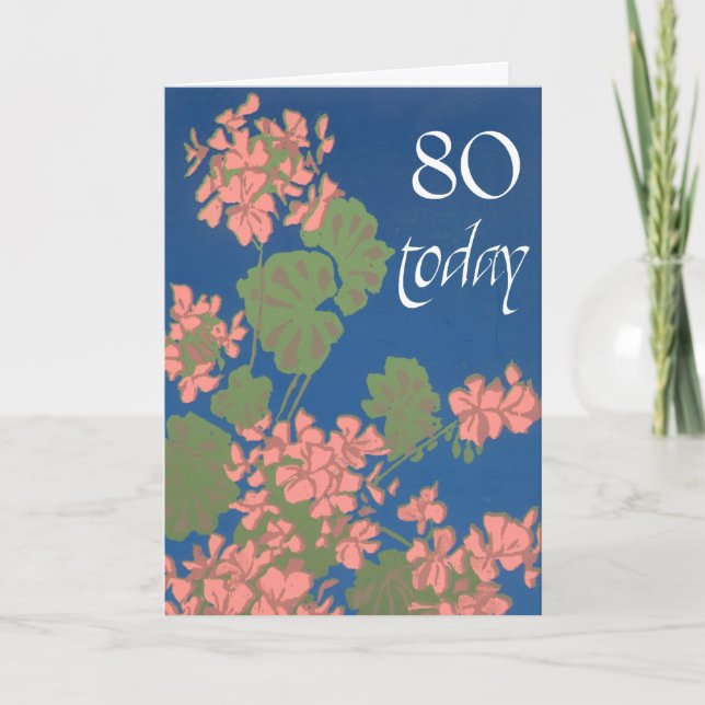 Salmon Pink Geraniums on Deep Blue, 80th Birthday Card (Front)