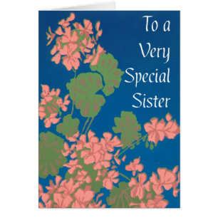 Salmon Pink Geraniums on Deep Blue for Sister