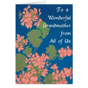 Salmon Pink Geraniums on Deep Blue, Grandmother