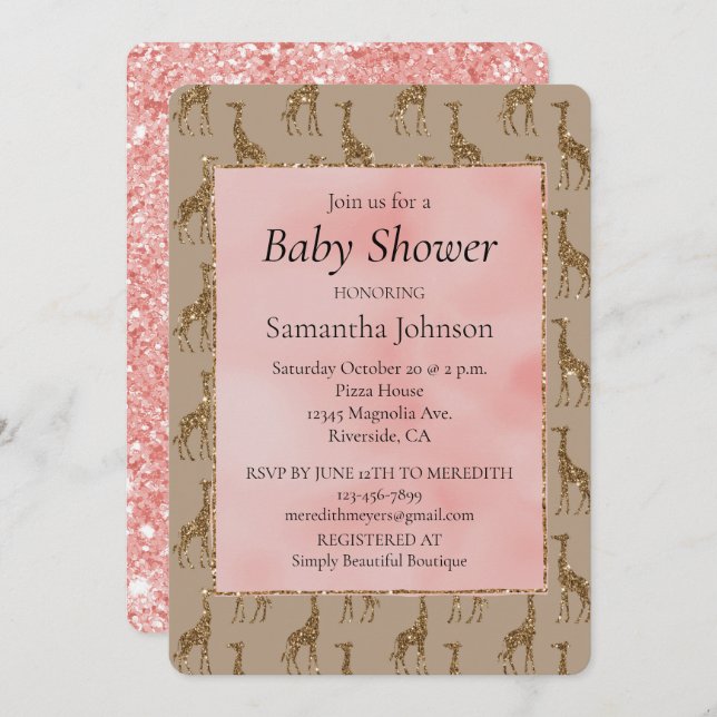 Salmon Pink Glitter Brown Giraffes Baby Shower Invitation (Front/Back)