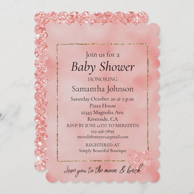 Salmon Pink Glitter Heart Love Invitation (Front/Back)